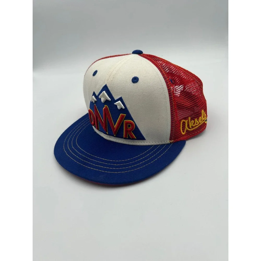 Aksels Denver DNVR Trucker Hat Red White Blue Mesh Snapback Mountain Graphic Cap